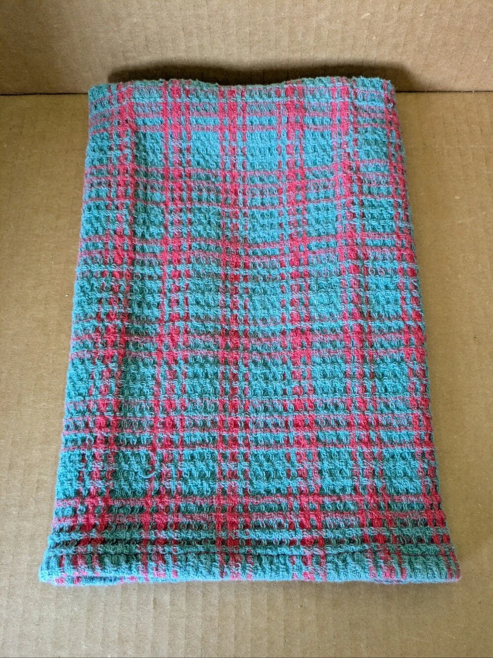 Towel Plaid Hand Towel Teal and Red 100% Cotton